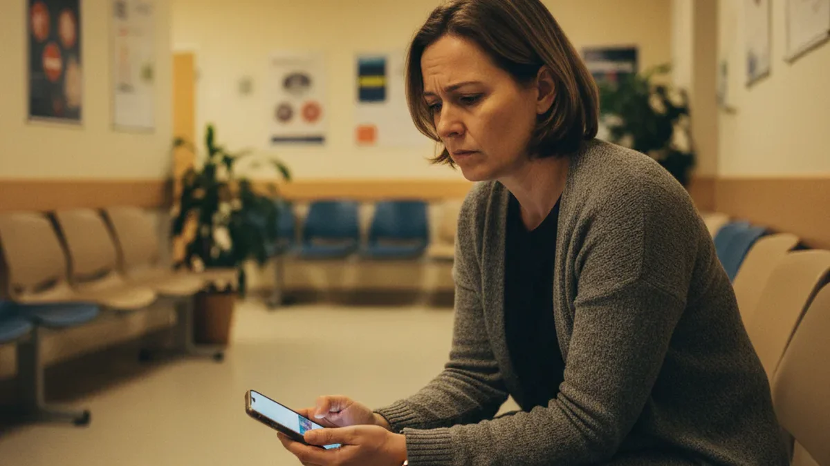Woman in her 40s sitting in a hospital waiting room, phone in hand, conflicted expression as she reads work notifications