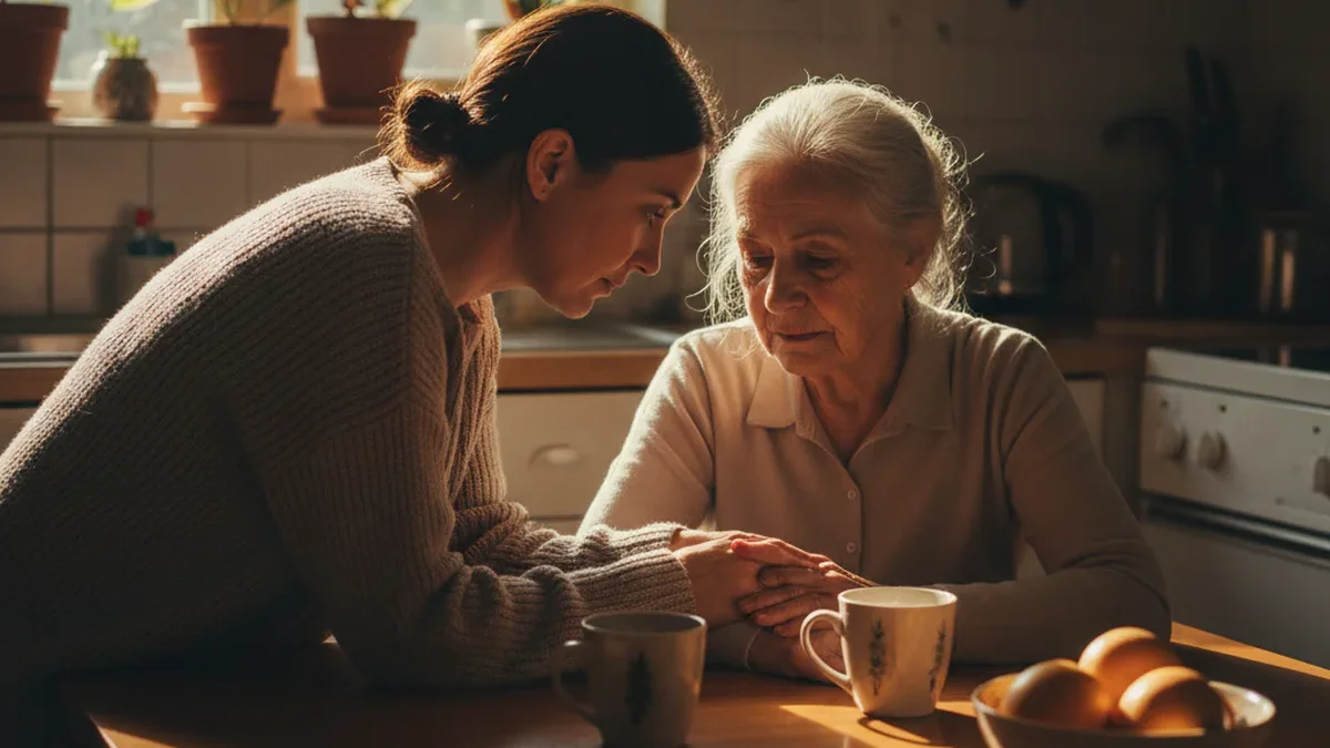 Adult daughter and elderly mother in a close, tender conversation at a kitchen table with warm afternoon light