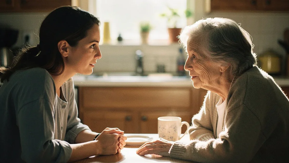Adult daughter having a close, attentive conversation with her elderly mother at a kitchen table in warm morning light