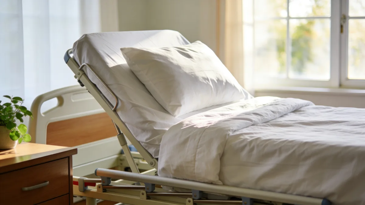 An adjustable home hospital bed with the head section raised, made up with white linens in a bright, welcoming home bedroom