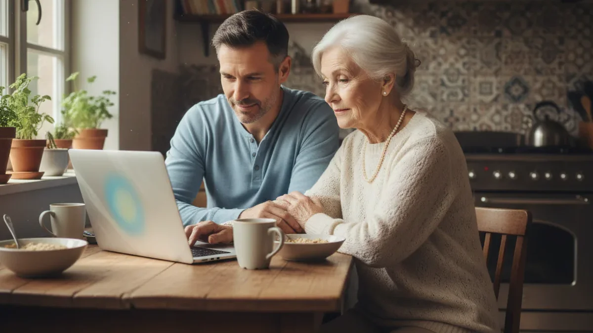 Adult son and elderly mother reviewing Medicare information together on a laptop at a kitchen table