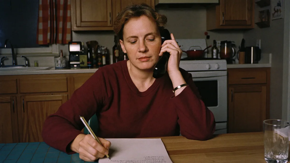 Adult woman in her 40s at kitchen table on a phone call, taking notes on a notepad, researching home care agencies