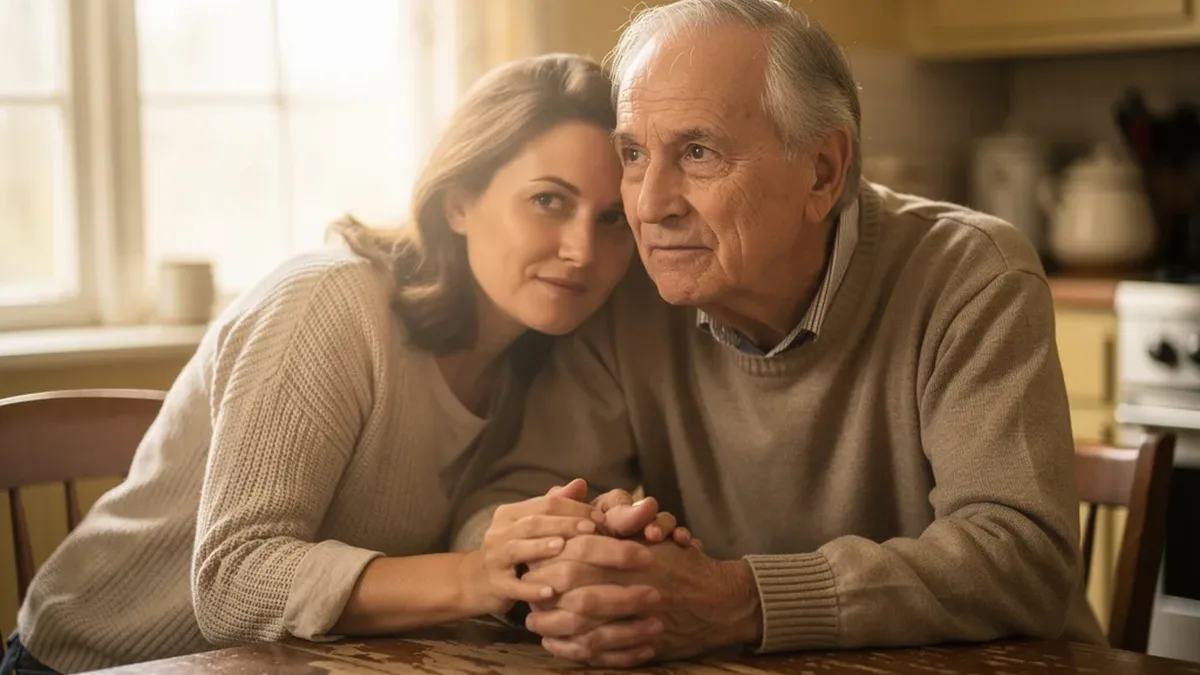 Adult daughter sitting beside her elderly father at a kitchen table in soft morning light, holding his hand while he looks thoughtfully into the distance