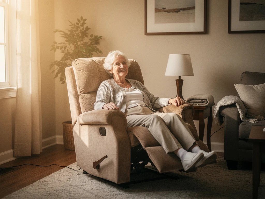 Elderly woman sitting comfortably in a warm-toned power lift recliner chair in a residential living room, calm and at ease, afternoon window light