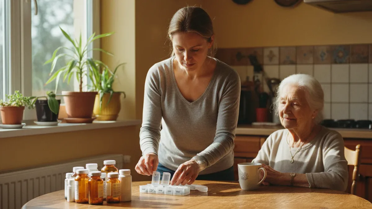 Adult daughter organizing pill bottles and a weekly pill organizer on a kitchen counter, elderly parent seated nearby at the table, warm morning light through window