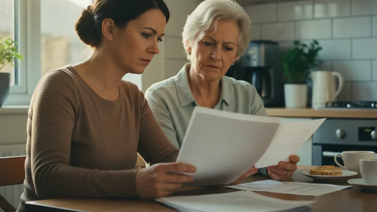 Adult daughter and elderly mother reviewing documents at a kitchen table with serious, focused expressions in a warm residential kitchen