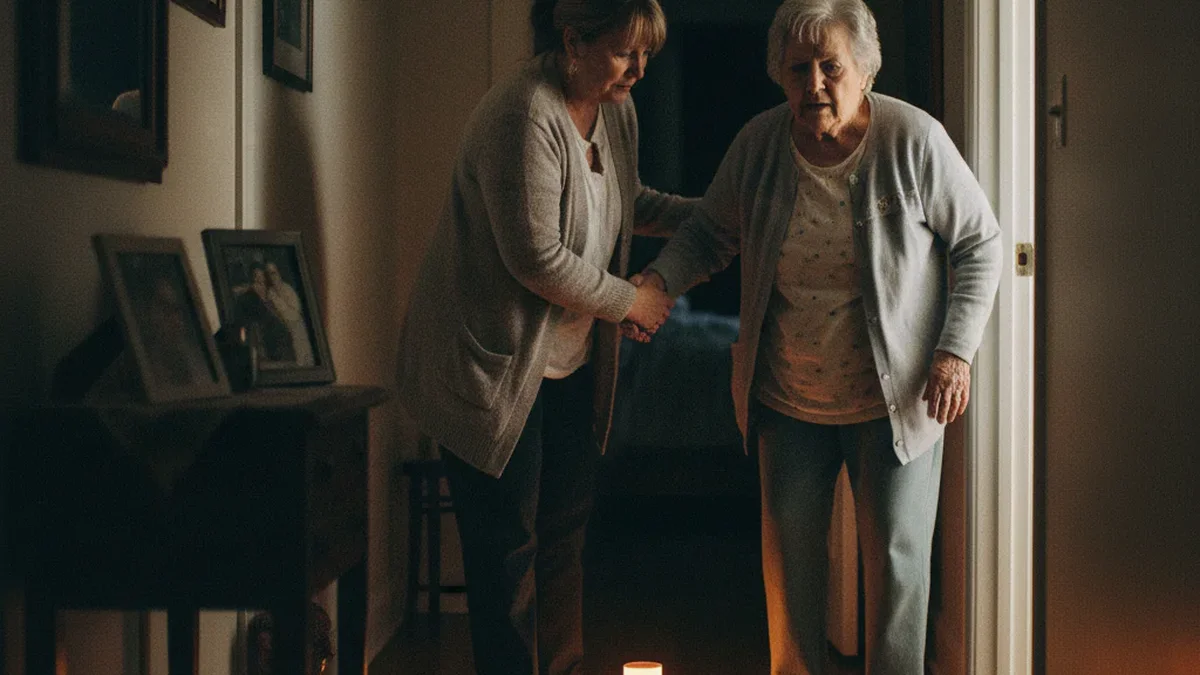 Adult caregiver gently guiding an elderly parent back to the bedroom through a dim residential hallway at night, warm nightlight glowing in background