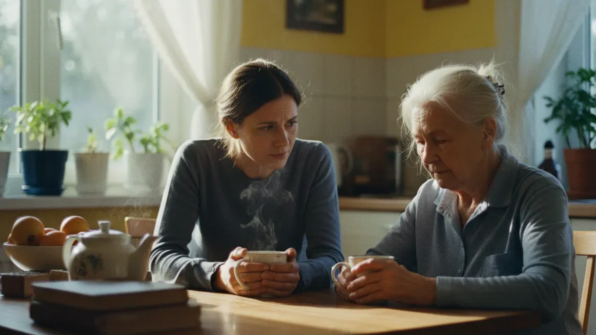 Adult daughter in her 30s sitting across from her aging mother at a kitchen table, having a quiet, patient conversation over tea in warm morning light