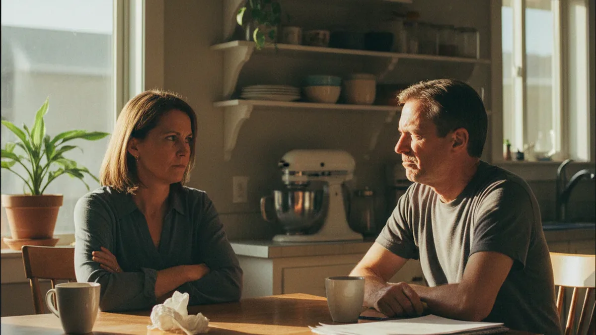 Two adult siblings in their 40s and 50s sitting at a kitchen table across from each other in a tense conversation, one looking away with a frustrated expression
