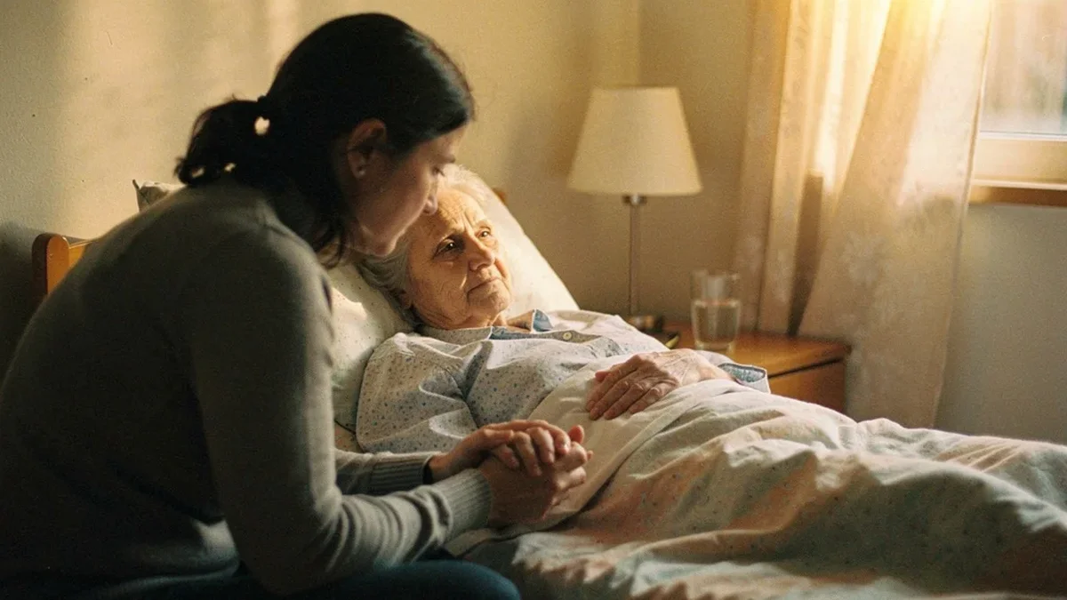 Adult daughter sitting beside elderly mother in a home bed, holding her hand gently in a quiet residential bedroom, warm afternoon light