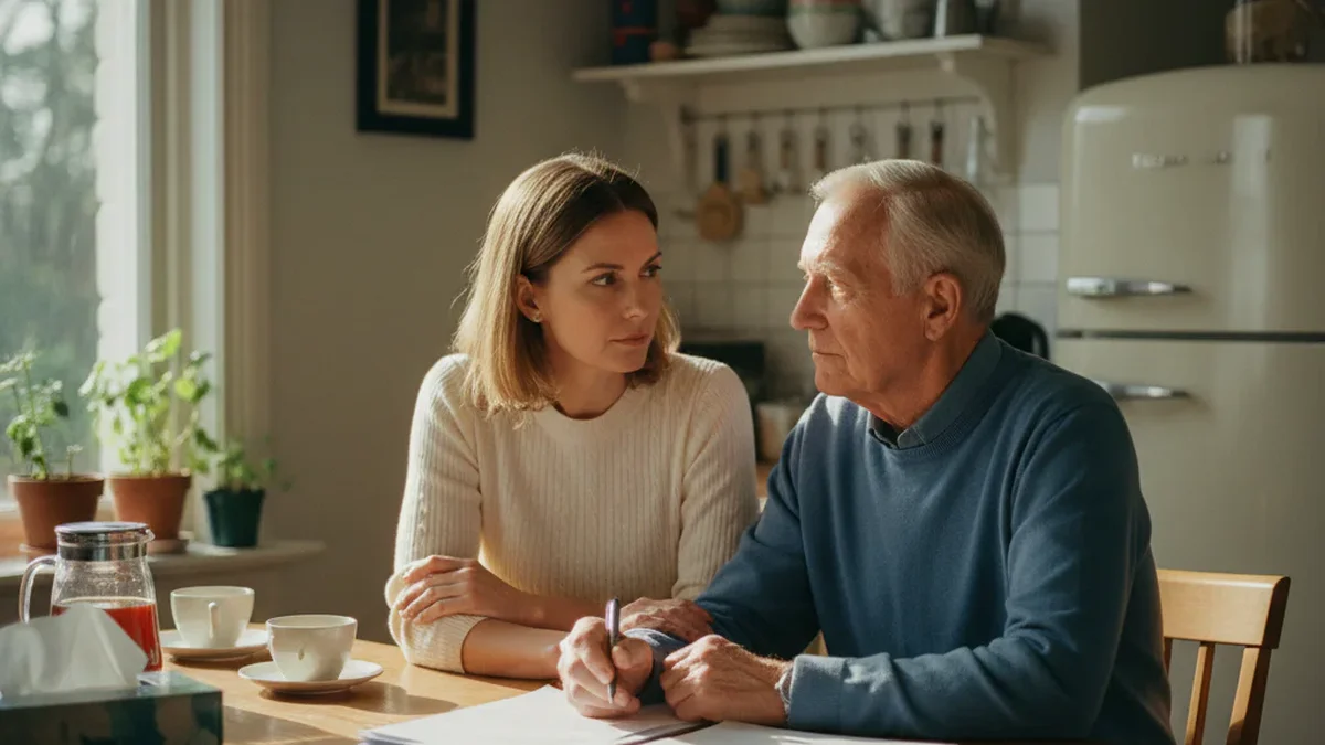 Adult child and elderly parent having a calm conversation at a kitchen table