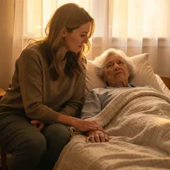 Adult daughter sitting on the edge of a low residential bed beside her elderly mother in a warm, calm bedroom with soft morning light