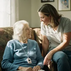 Elderly woman in a floral armchair wearing a medical alert pendant, smiling at her daughter beside her in a warm home living room