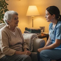 Older woman and a care aide sitting together in the warm, homelike living room of a small residential care home in soft afternoon light