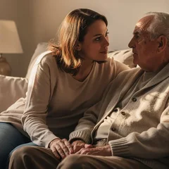 Adult daughter sitting with elderly father on a home couch, calm and attentive conversation in warm afternoon light