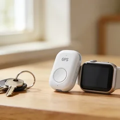 A small white GPS location tracker device and a wearable tracking smartwatch resting on a wooden table beside a set of house keys in soft daylight