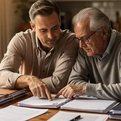 Adult son and elderly father reviewing legal paperwork together at a kitchen table, calm and focused, warm afternoon light