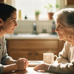 Adult daughter having a close, attentive conversation with her elderly mother at a kitchen table in warm morning light