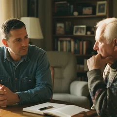 Adult son and elderly father having a serious conversation at a residential living room table