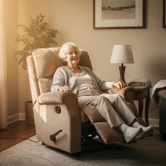 Elderly woman sitting comfortably in a warm-toned power lift recliner chair in a residential living room, calm and at ease, afternoon window light