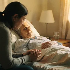 Adult daughter sitting beside elderly mother in a home bed, holding her hand gently in a quiet residential bedroom, warm afternoon light