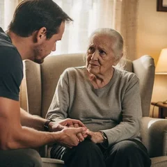 Adult child kneeling beside elderly parent in an armchair, calm and attentive conversation, warm residential living room with soft natural light