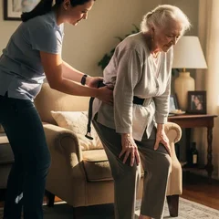 Adult daughter helping elderly mother stand from a chair using a gait belt, home living room, warm afternoon light