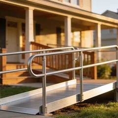 Aluminum wheelchair ramp with handrails leading up to a residential front porch in warm afternoon light